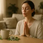 Une personne assise, pieds au sol et main sur le ventre, évoque une pause attentive face à la tension, sans promettre d’apaisement.