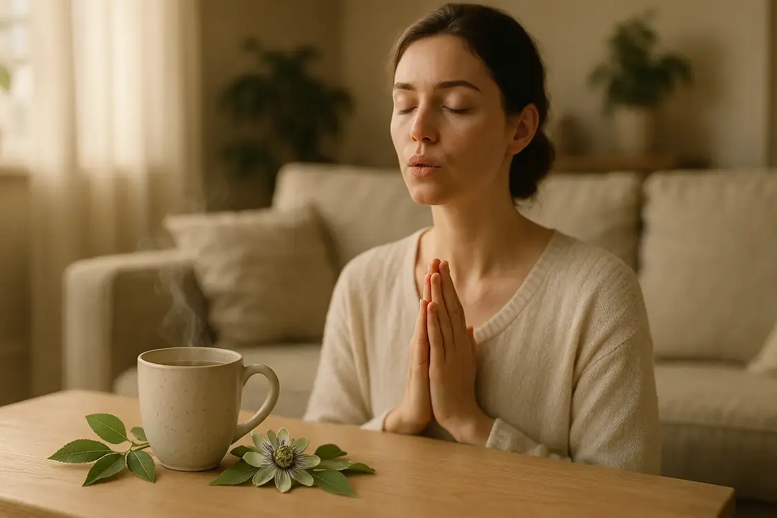 Une personne assise, pieds au sol et main sur le ventre, évoque une pause attentive face à la tension, sans promettre d’apaisement.