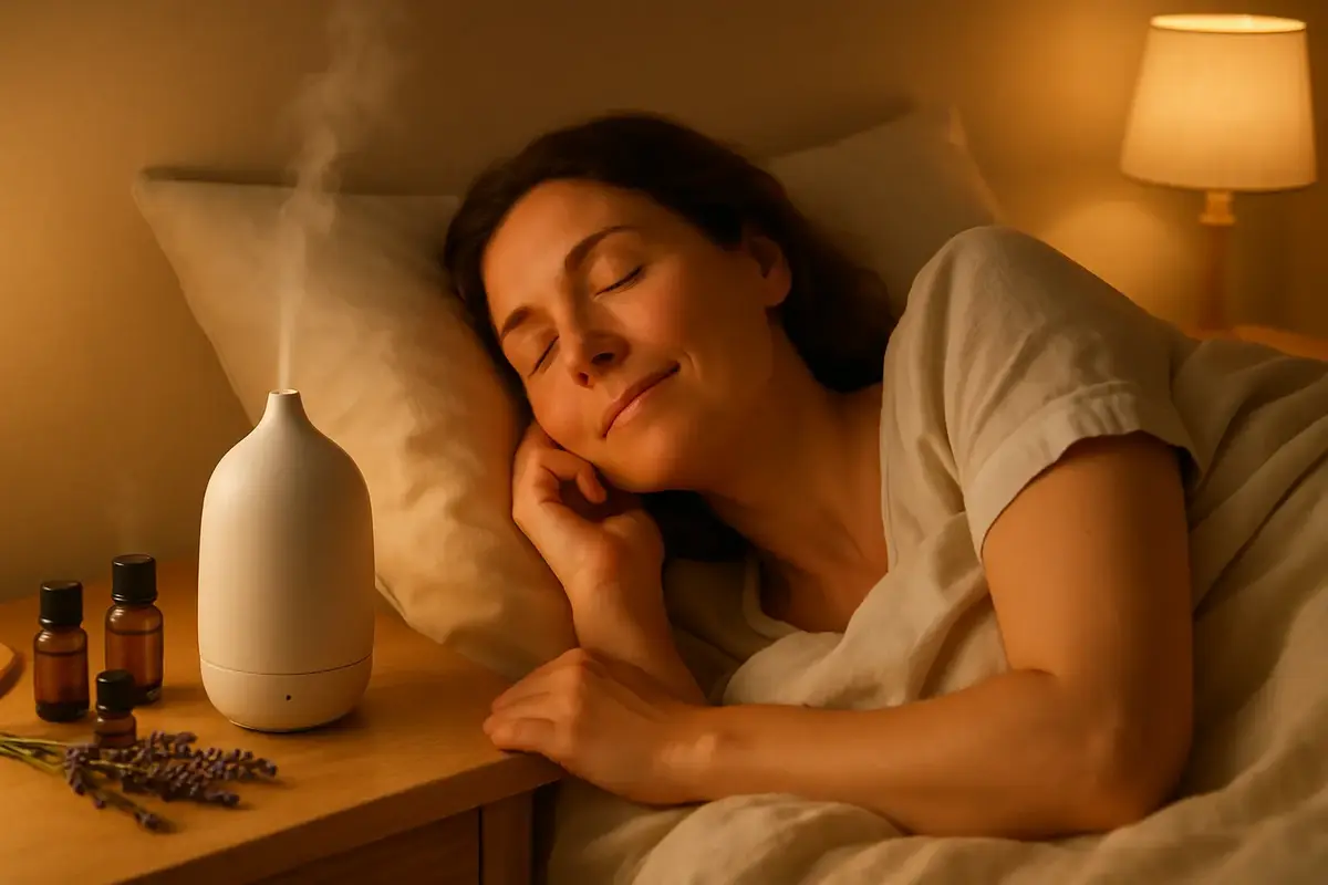 Un rituel du coucher paisible évoque l’usage des huiles essentielles, sans laisser entendre qu’elles traitent l’insomnie ou garantissent le sommeil.