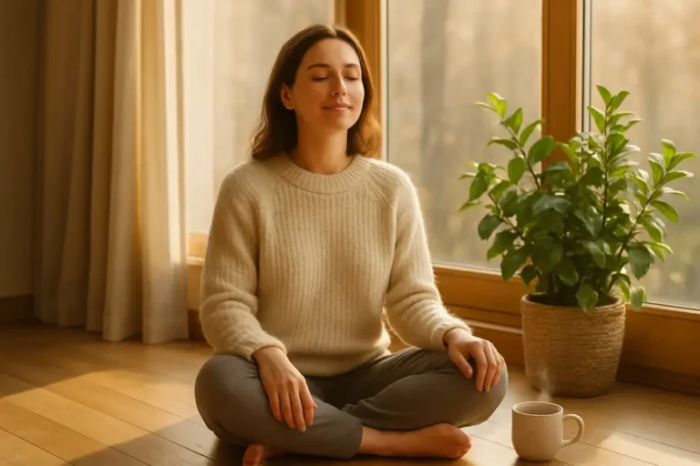 Une pause assise et les épaules relâchées évoquent des gestes simples pour traverser un moment de stress, sans remplacer un avis professionnel si l’anxiété persiste.