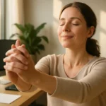 Pause douce des mains au bureau après le clavier, sans effet préventif ou thérapeutique établi sur les douleurs.