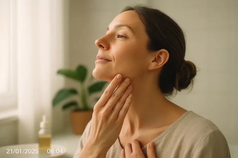 Yoga facial et soin de soi autour du menton, sans preuve qu’une pratique fasse disparaître le double menton.