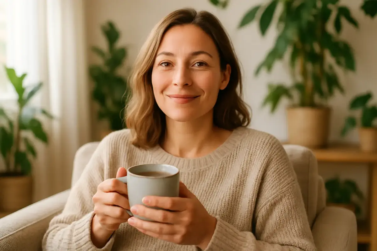 Une pause assise et confortable invite à explorer des moyens simples de se détendre, sans suggérer de résultat immédiat.