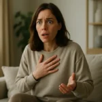 Une personne assise dans son salon, l’air préoccupé, introduit le sujet des crises d’angoisse sans déclencheur apparent, sans suggérer de diagnostic.