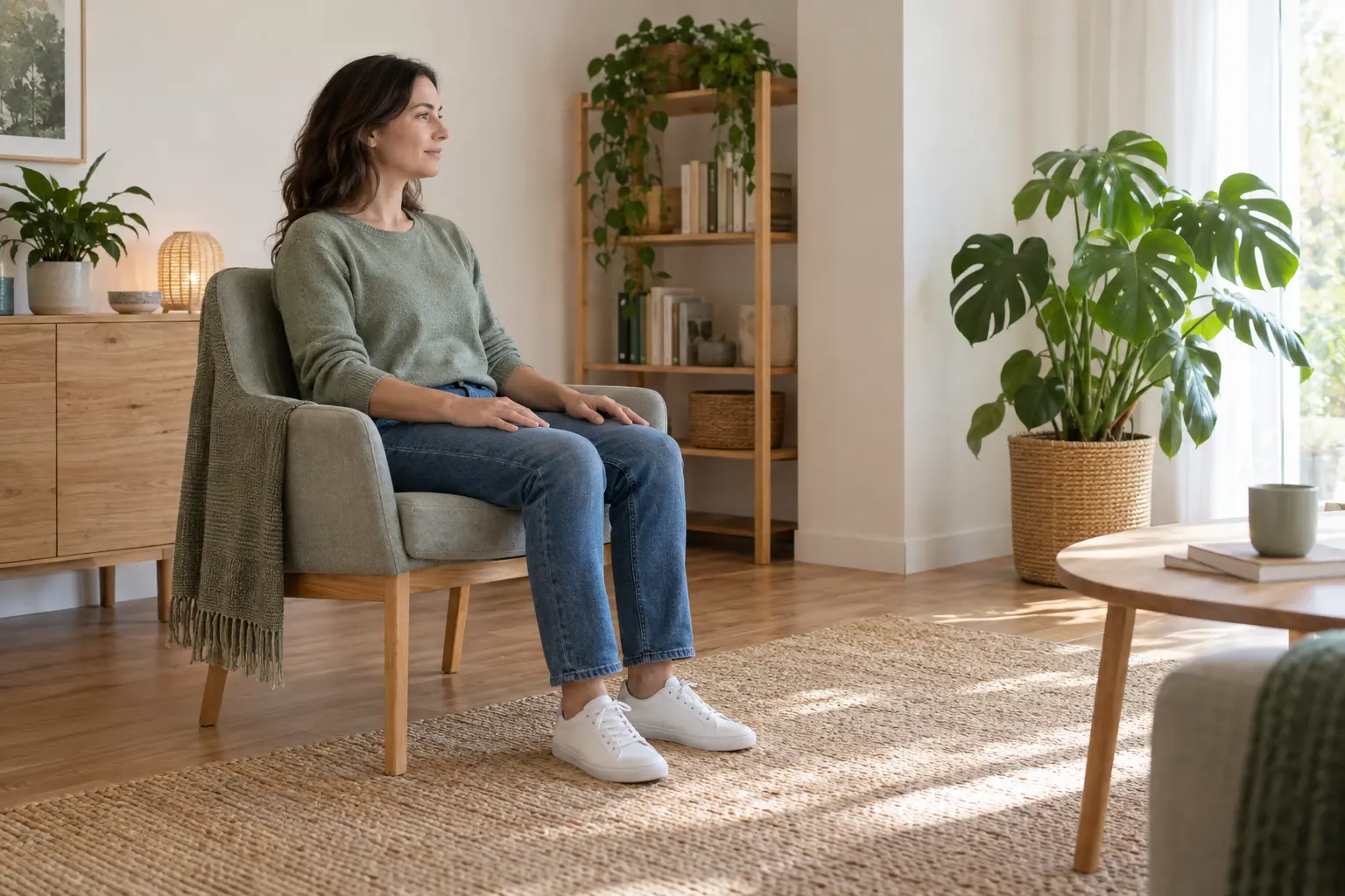Une personne adulte assise sur une chaise, le dos soutenu, les pieds à plat au sol et les mains sur les cuisses, regarde une plante dans une pièce calme.