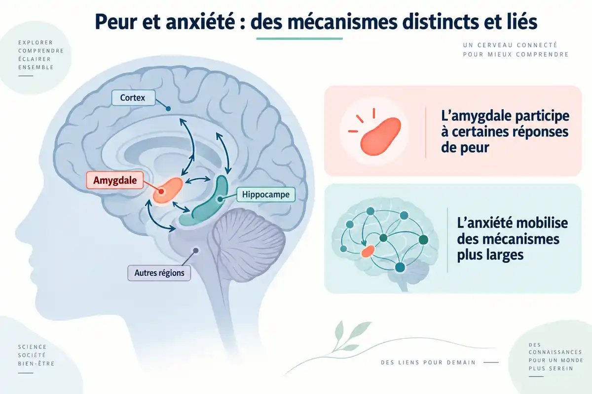 Schéma de cerveau de profil avec l’amygdale, le cortex, l’hippocampe et d’autres régions, accompagné de flèches et de deux encadrés sur la peur et l’anxiété.