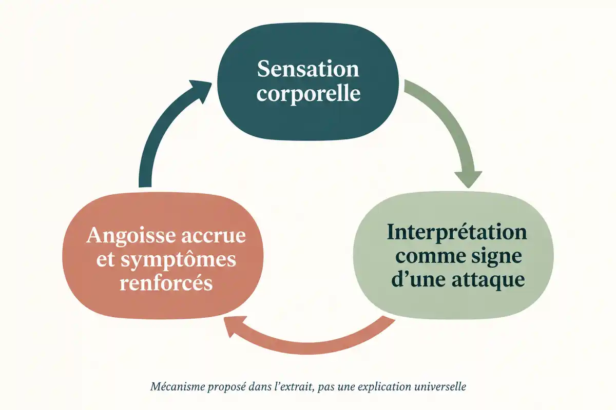 Boucle en trois étapes : « Sensation corporelle », « Interprétation comme signe d’une attaque », puis « Angoisse accrue et symptômes renforcés », avec une note sur le mécanisme proposé.
