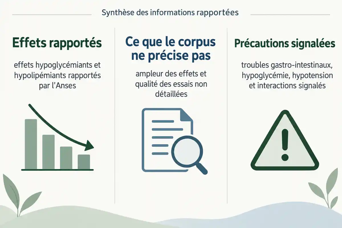 Infographie en trois colonnes sur les effets rapportés, les limites des informations disponibles et les précautions signalées, accompagnée de pictogrammes de graphique, document et avertissement.