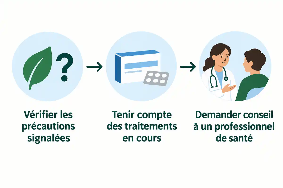 Trois étapes reliées par des flèches : vérifier les précautions signalées, tenir compte des traitements en cours et demander conseil à un professionnel de santé.