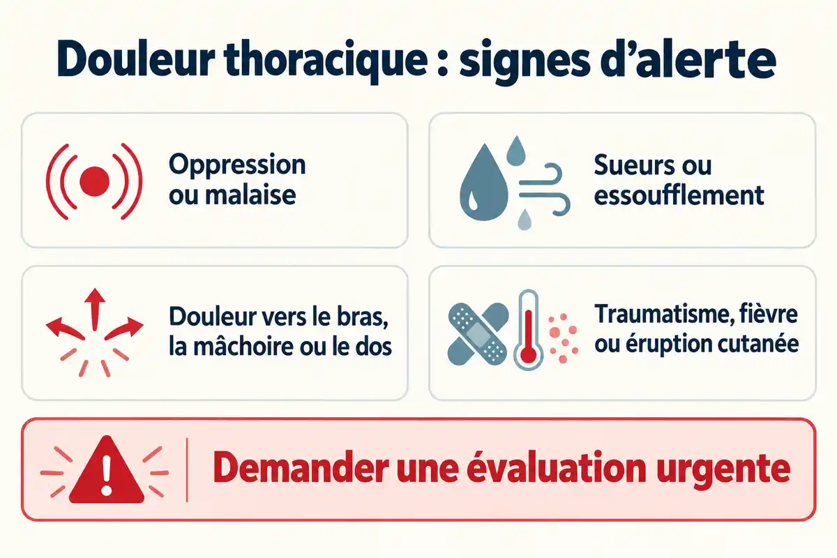Oppression, malaise, sueurs, essoufflement, douleur irradiée, traumatisme, fièvre ou éruption cutanée appellent une évaluation urgente.