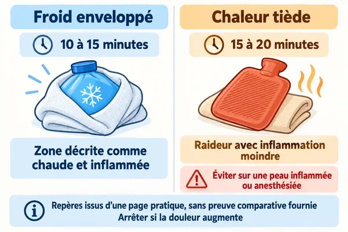 Froid enveloppé pour une zone décrite comme chaude et inflammée, ou chaleur tiède en cas de raideur ; ces repères conditionnels ne prouvent pas une efficacité supérieure.