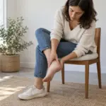 Douleur au talon au quotidien : une personne assise examine son pied, sans signe visible permettant d’en déterminer la cause.