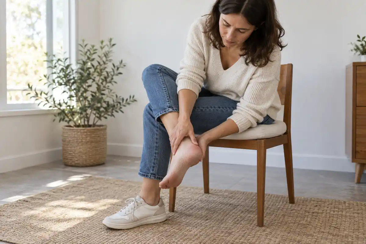 Douleur au talon au quotidien : une personne assise examine son pied, sans signe visible permettant d’en déterminer la cause.
