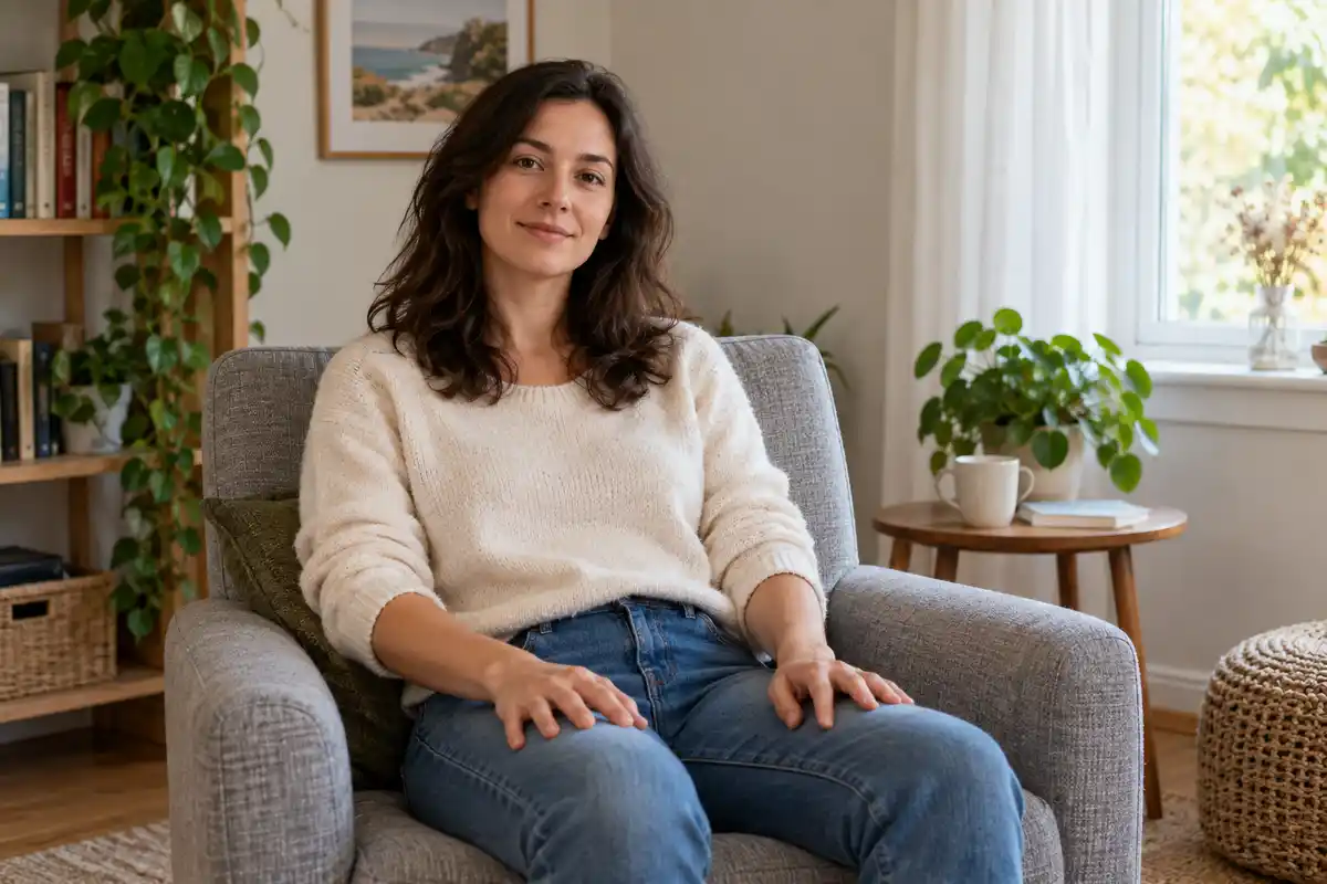 Une posture assise relâchée accompagne une pause et une respiration lente, avec des mouvements à reprendre selon le confort.