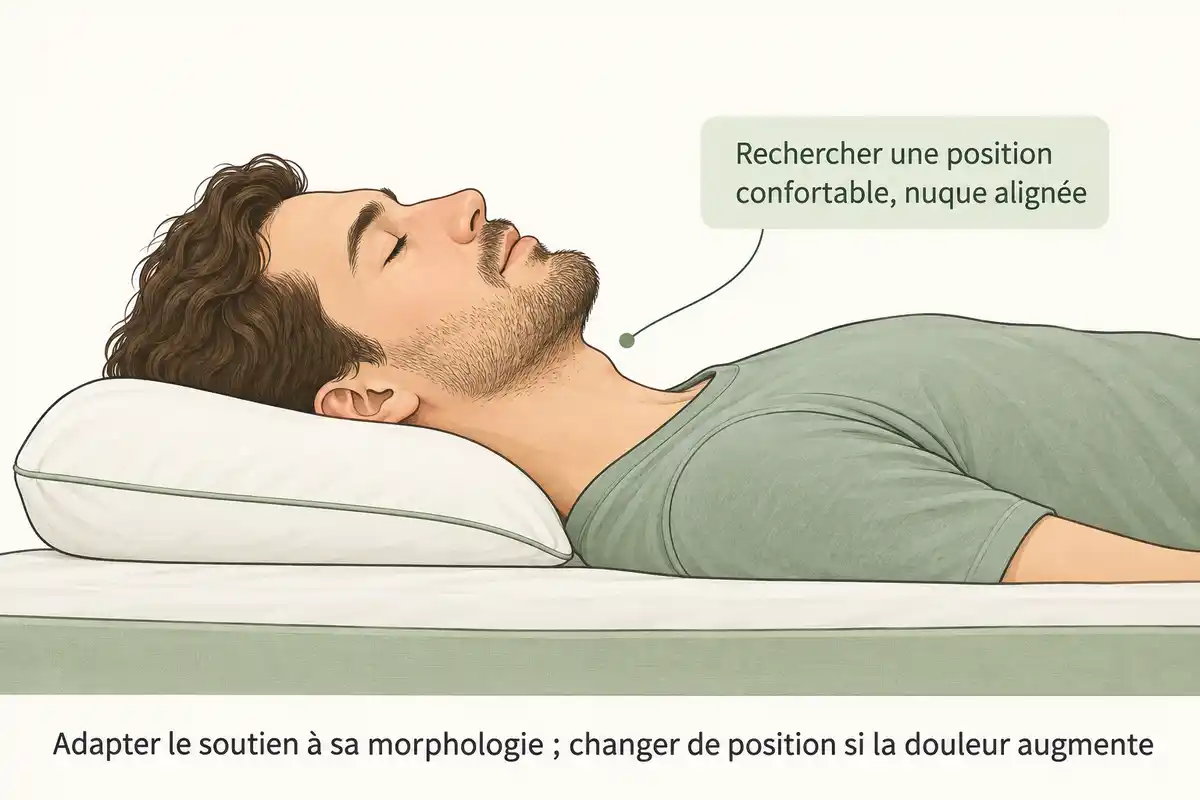 En position allongée, rechercher un soutien confortable qui garde la nuque alignée et changer de position si la douleur augmente.