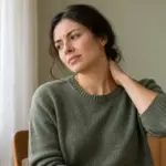 Gêne cervicale dans une scène quotidienne, sans indication que la douleur irradiant au bras soit diagnostiquée ou traitée.