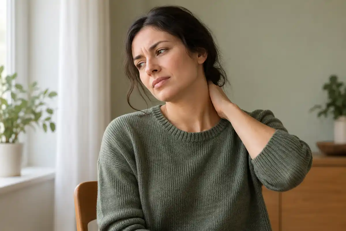 Gêne cervicale dans une scène quotidienne, sans indication que la douleur irradiant au bras soit diagnostiquée ou traitée.