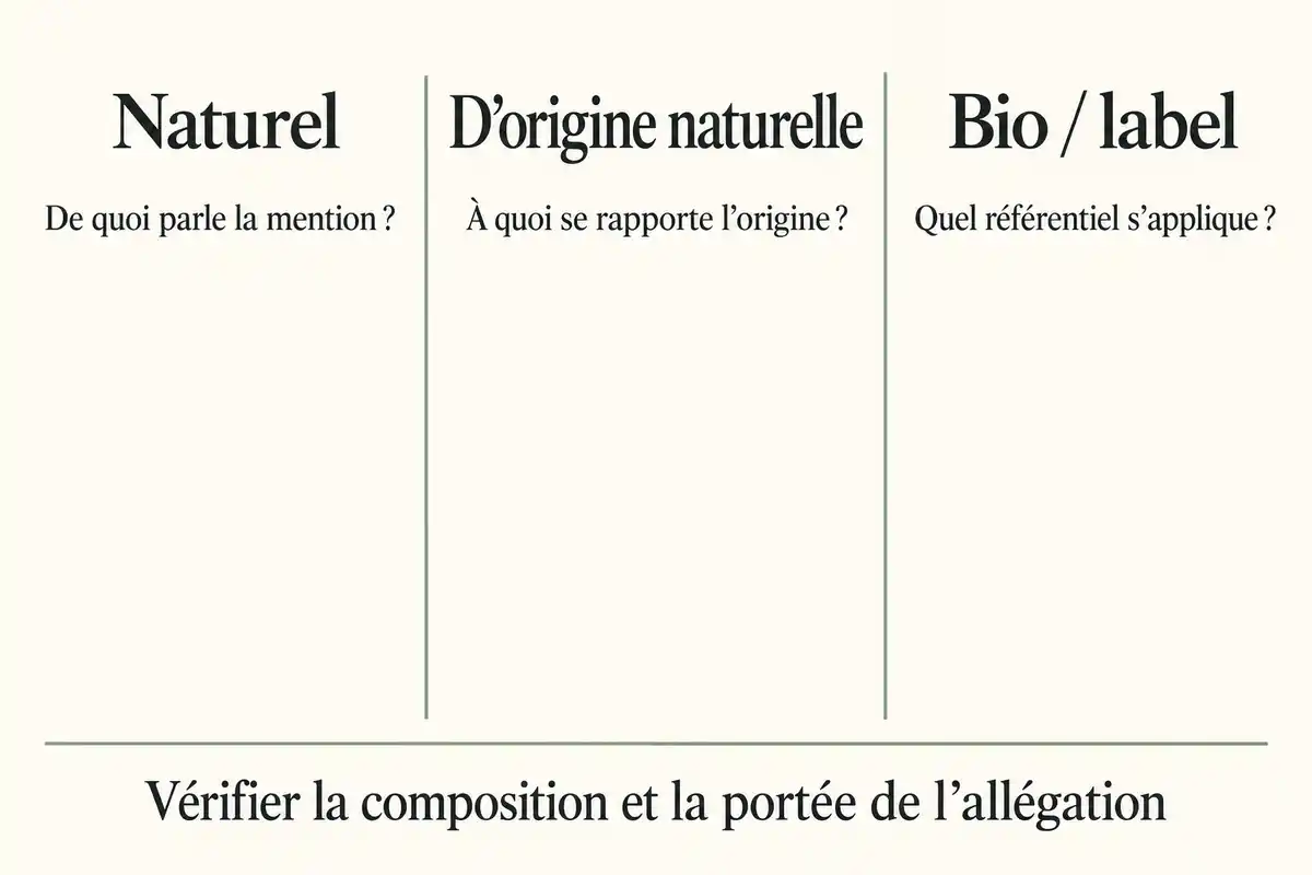 Distinguer « naturel », « dâorigine naturelle » et « bio » en vĂ©rifiant si la mention porte sur un ingrĂ©dient, une allĂ©gation ou un produit labellisĂ©.