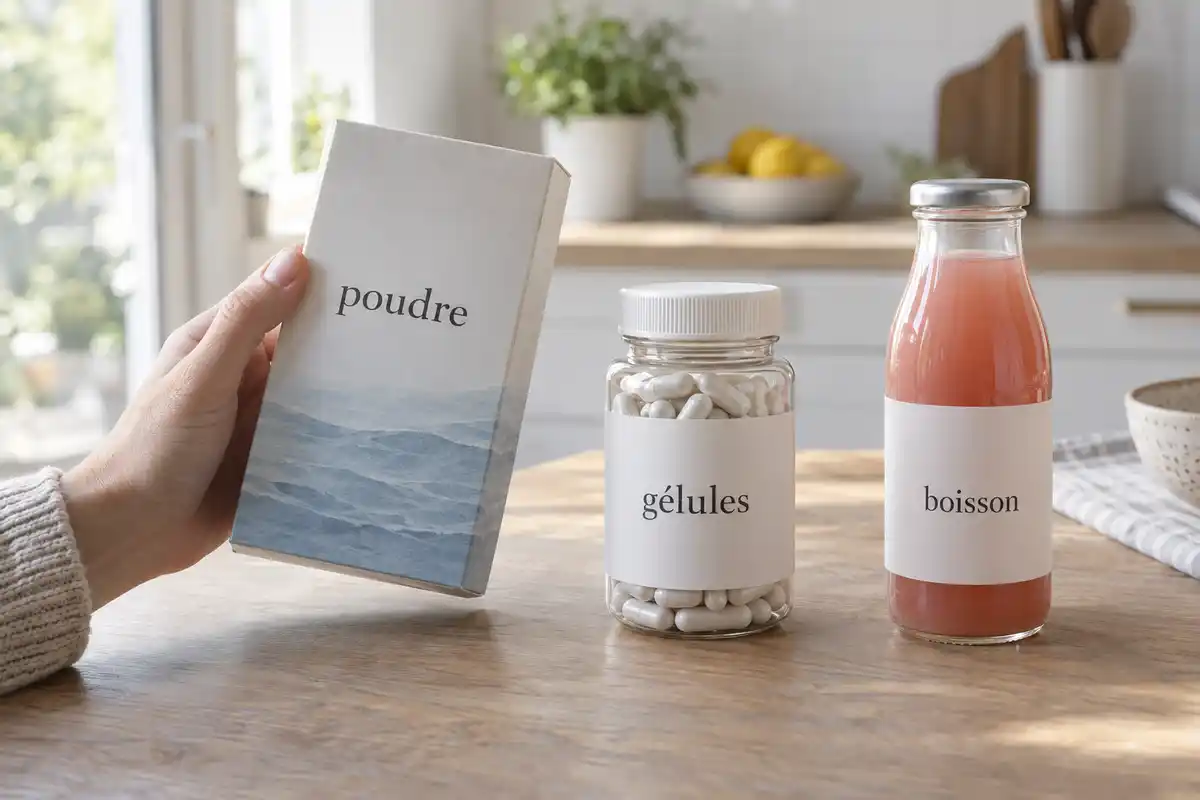 Poudre, gélules ou boisson : comparer pour chaque produit l’origine du collagène, les autres ingrédients et la quantité par prise.