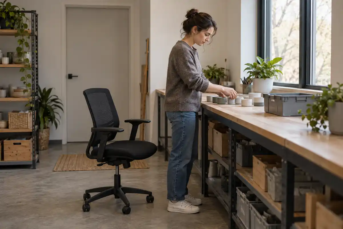 Au travail, une chaise accessible prĂšs du plan de travail peut faciliter lâalternance entre tĂąches debout et pauses assises, selon le poste.