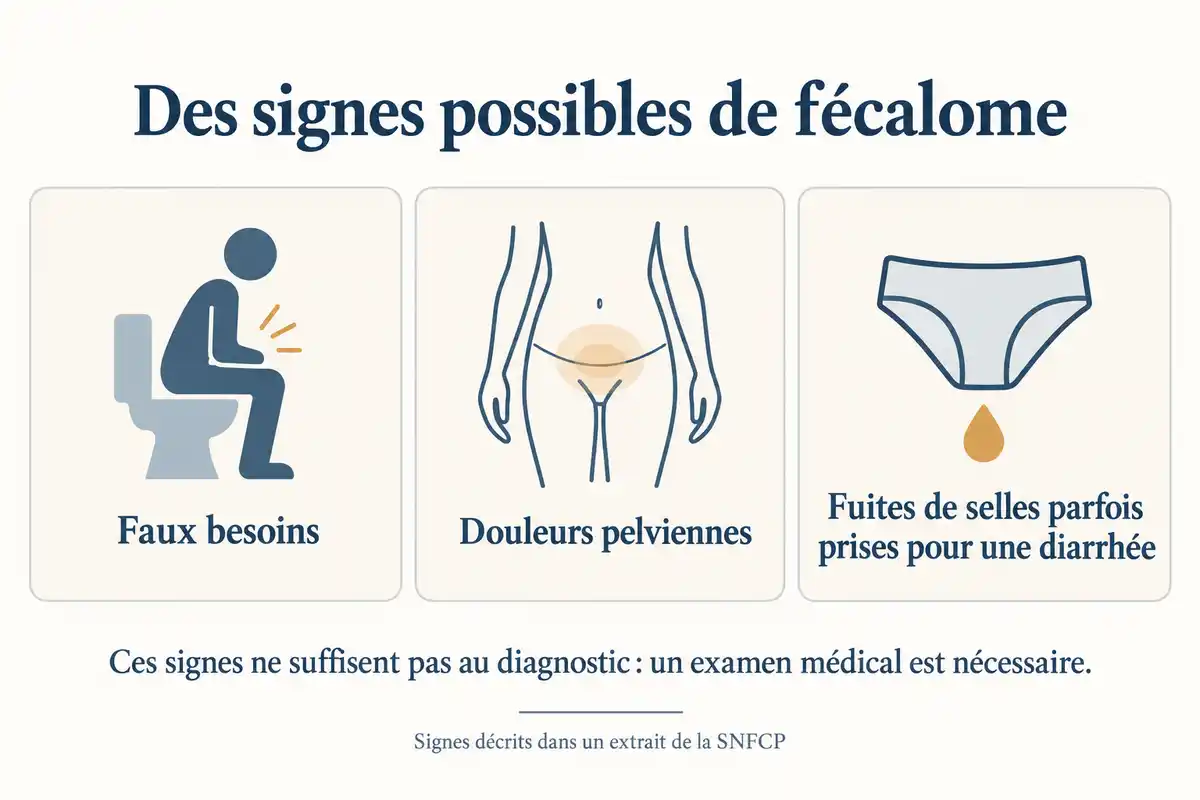 Faux besoins, douleurs pelviennes et fuites de selles peuvent accompagner un fécalome, sans suffire à le diagnostiquer.