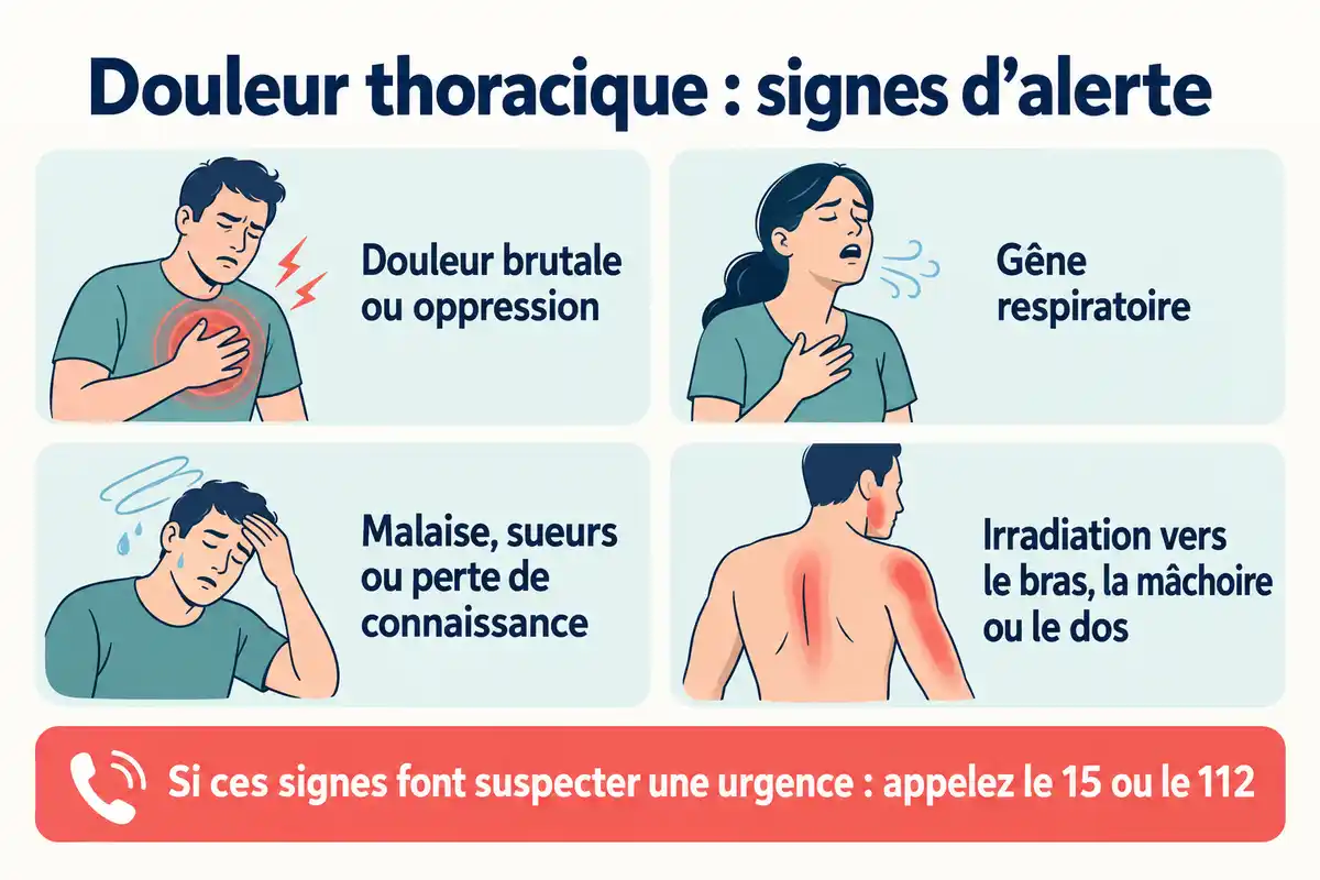 Douleur brutale ou oppression, gĂȘne respiratoire, malaise ou irradiation peuvent faire suspecter une urgence et conduire Ă appeler le 15 ou le 112.