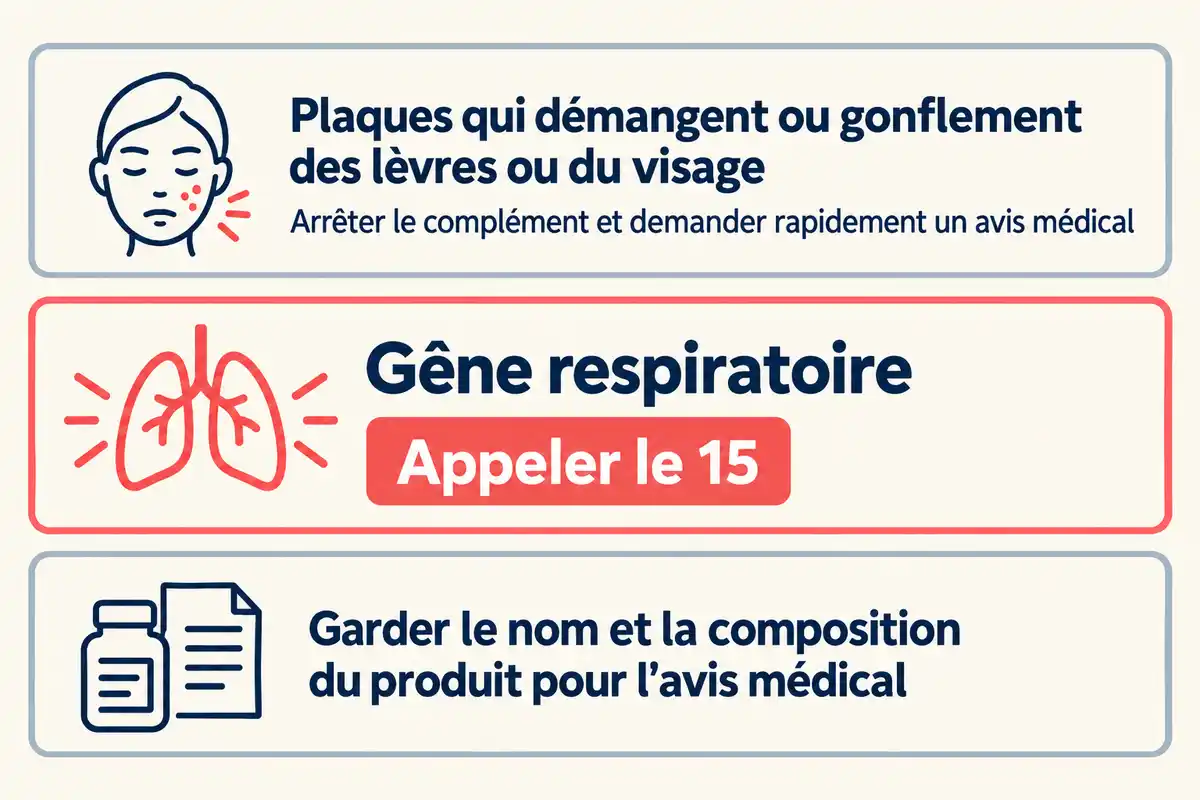 Plaques ou gonflement : arrêter le complément et demander rapidement un avis médical ; gêne respiratoire : appeler le 15.