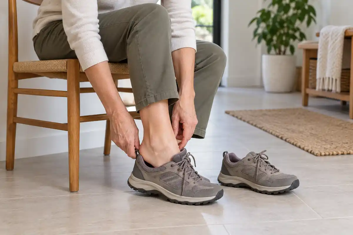 Enfiler une chaussure confortable et bien ajustée aide à limiter les sollicitations du talon sensible, sans modÚle présenté comme remÚde.