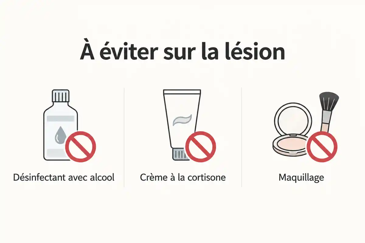 Sur la lésion, Santé.fr déconseille les désinfectants avec alcool, les crèmes à la cortisone et le maquillage.